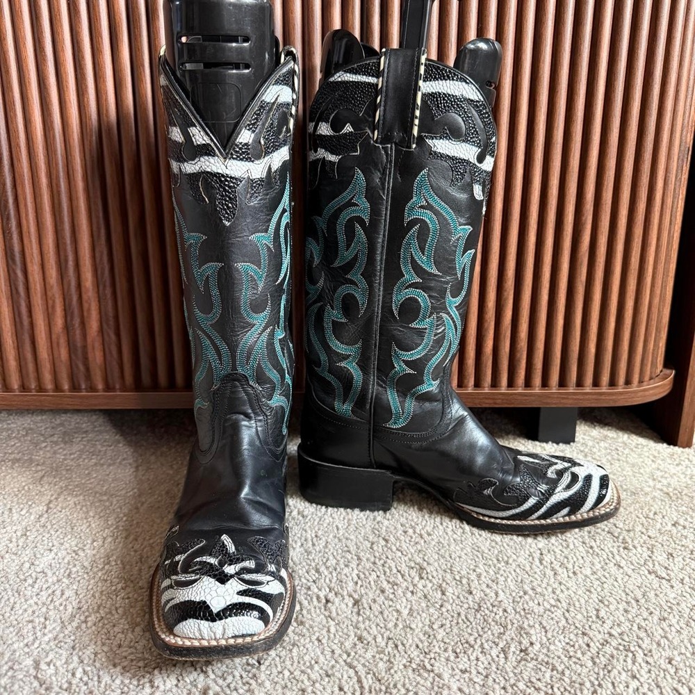 Nocona Zebra Print Cowboy Boots Black Turquoise Embroidered Women's 8